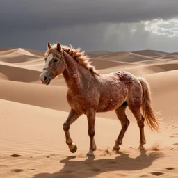 a horse made out of flesh walking across sand dunes
