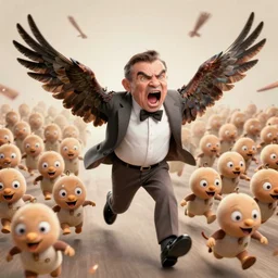 angry mr. bean with his mouth wide open flapping his bird wings, thousands of little mr. beans are chasing him, fear panic, restlessness