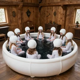 realistic photo of a group of common medieval girls in white tights, white spherical helmets, in a big white plastic sci - fi egg - like pool with black water capsule, in a center of the wooden living room with medieval wooden walls 2 0 0 0, life magazine photo,