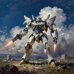 a mech as armored core v in the cloud by liam wong, booster flares, legs, laser rifles, karst landscape, outdoor, dark blue sky, cloud, wilderness ground ; oil painting,
