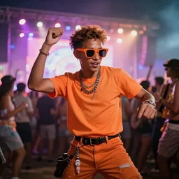 photos of An Adorable orange wearing sunglasses as he dances at a Rave concert, hyperreal,photorealistic