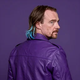 walter white on top off jesse pinkman's back, and a purple coloured leather jacket, one side haircut, long brown hair with light blue ends, portrait, hyperdetailed, artstation, cgsociety, synthwave by tangerine dream, by jean - michel jarre, by vangelis, by john carpenter