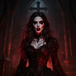 stunning Gothic shameless woman with impudent facial expression in  shadow of church cross, elegant, dark and mysterious, atmospheric, red, ominous, eerie, cinematic, Epic, 8k, 4k, ultra detail, ultra realistic, rendered by awesomeness illustration