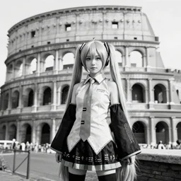 black and white, realistic photo of hatsune miku in rome in 1 9 3 0