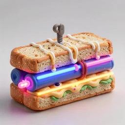 an extremely high quality photo of a surreal neon-lightsaber-sandwich, the polymer clay ((sandwich)) creation, a hybrid mixture of sandwichlightsaberneons and lightsaberneonTUBE fillings, neon tubes drizzled on top, lightsaber filling, glowing filling, promotional photo, 4k polymer clay food photography