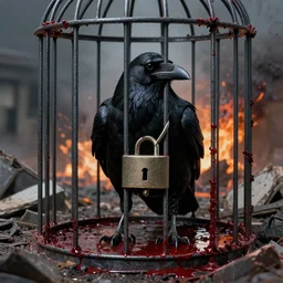 black raven locked inside cage, extreme details, hopeless, postapocalyptic picture, very emotional, ruins around the cage, nuclear explosion, erik johansson style, conceptual art, the last day on the earth, insane detail, blood, saturated, hyper realistic 8 k textured