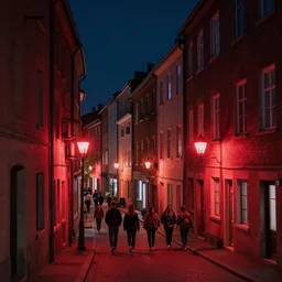 high quality photograph of a city at night, nightlife, people walking, 4 k professional photograph, nice place to live, 5 story buildings, narrow streets, soft reddish street lamps, small windows, cozy, trending on artstation, detailed, beautiful, photograph, realistic