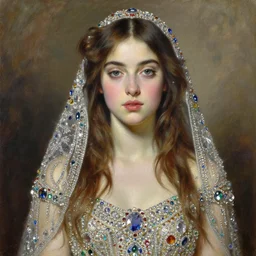 a realistic oil painting of a beautiful young woman resembling winnie harlow, draped in crystals, by michael hussar, by bouguereau, intricate, colorful