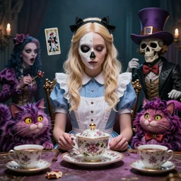 Alice attends Mad Tea Party, Cheshire Cat, Mad hatter, death tarot card,highly detailed,half skull face,cinematic,8k,by Stanley Artgermm,Tom Bagshaw,Greg Rutkowski,Carne Griffiths, Ayami Kojima, Beksinski, Giger,trending on DeviantArt,hyper detailed,horror, full of colour