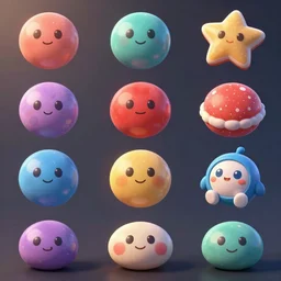 game asset sheet, collectable candy crush styled props and other chibi style pop culture items material study rounded soft edges