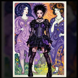 cute punk goth fashion fractal young Bjork posing by Zhang Jingna, poster art by Hannah Höch Victor Moscoso Dan Mumford Kilian Eng Hannah Jeffrey Smith Rick Griffin Alphonse Mucha Gustav Klimt Ayami Kojima Amano Charlie Bowater, violet and black