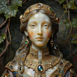 detailed portrait, cosmopolitan priestess, realistic glassworks face sculpted features, specular eyes, statuesque, glass skin, fiberglass hair, high collar, opulent, encrusted, jewel, asymmetrical, chiaroscuro, organic impressionism, vine backdrop, natural colors, octane render