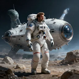 a man in a space suit on an alien planet, holding a device, wandering away from his crashed space ship in the background, intricate, highly detailed, digital painting, artstation, sci fi, smooth, rimlight, sharp focus, illustration, unreal engine 5, 8 k, art by artgerm and greg rutkowski