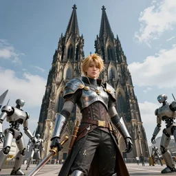 a hyper real comic book style portait painting of the cathedral of cologne germany in the distant future with robots around, unreal 5, hyperrealistic, octane render, cosplay, rpg portrait, dynamic lighting