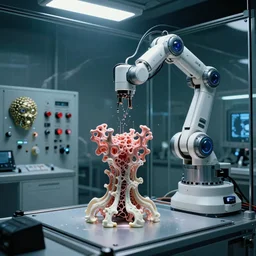 a complex thick bifurcated fractal robotic cnc surgical arm cybernetic symbiosis hybrid mri 3 d printer machine making some organic ceramic fractal quantum computer forms in a glass living room laboratory room with control panels, broken hive head, knobs, camera lens orbs, dramatic 3 point lighting, film still from sci fi movie,