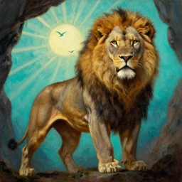 close up of muscular lion barbarian elephant hunter full body in portrait pose, sun rays , small bird sihouettes  in cyan background , very textured detailed  oil painting by rembrandt , hard backlight , in dark cave