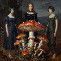 fungus connected with wires and cords, ayami kojima, karol bak, neo - gothic, rich split - complementary colors. beksinski painting, adrian ghenie, takato yamamoto. realistic detailed image