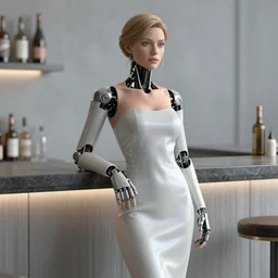 cyborg woman is standing near the bar by Dylan Kowalski, photorealism, elegant woman, render, unreal engine, 3d art