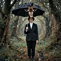 photographic portrait max ernst sad woman giraffe feathers, wearing a suit, holding an umbrella and a cat, spiraling forest, editorial