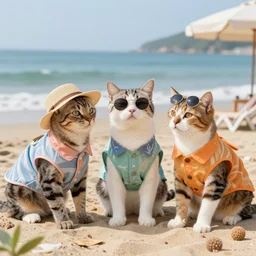 cats wearing summer clothes having fun at the beach, art nouveau
