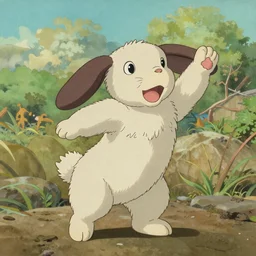 an English Lop standing up, by studio ghibli painting, by Joaquin Sorolla rhads Leyendecker, An aesthetically pleasing, dynamic, energetic, lively, well-designed digital art, by Ohara Koson and Thomas Kinkade, traditional Japanese colors, superior quality, masterpiece
