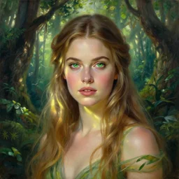 Portrait of the beautiful woman Lana Rhoades as a dryad, she has those characteristic sparkling green eyes, she is looking straight to the camera, she has a glow coming from her, she is getting illuminated for rays of light, behind her is an ancient forest full of life, the photo was taking by Annie Leibovitz, Ellie Victoria Gale and Steve McCurry, matte painting, oil painting, naturalism, 4k, 8k