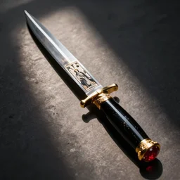 long thin dagger with tarot inspired engraving a wide cross guard and ebony hourglass handle with a gold and ruby pommrl
