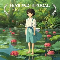 a girl standing inside a botanical garden filled with water and red lotus by Hayao Miyazaki, well lit, digital art, beautiful painting, award winning, high quality, anime visual, 4k hd, ranking number 1 on pixiv, masterpiece.