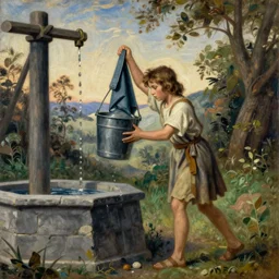 a young pilgrim hoisting a bucket full of water from a well, mysticism, oil painting, masterpiece, medieval art, nature