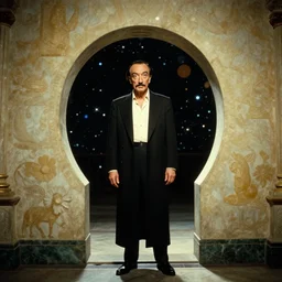 the full body shot of arrogant salvador dali in the role of emperor of universe | porthole in the wall of palace | still frame from the prometheus movie by ridley scott with cinematogrophy of christopher doyle, anamorphic bokeh and lens flares, 8 k, higly detailed masterpiece