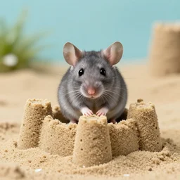 a very cute grey mouse sitting in a small sand castle