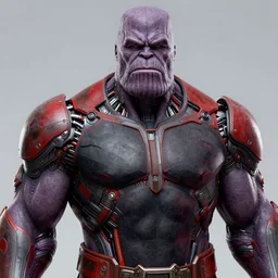 highly detailed closeup portrait of a highly tech - enhanced thanos who has many biological implants, by atey ghailan, by greg rutkowski, by greg tocchini, by james gilleard, by joe fenton, by kaethe butcher, red, black, crimson and grey color scheme