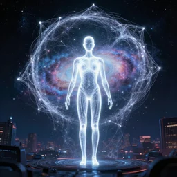 manikin made of starlight, fractal neon explosion revealing a portal to a vaporwave paracosm, galaxy and city in background, rule of thirds, clean linework, dramatic, moody, introspective, cinematic, award winning, 4 k, trending on artstation, photorealistic, volumetric lighting, octane render