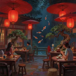 painting of interior of cozy fantasy onsen teahouse floating red lanterns and parasols by greg rutkowski craig mullins pixar bonsai trees [ koi fish swimming in the air ] clear focus fantasy dark atmospheric cinematic lighting, trending on artstation