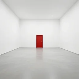 a massive empty white room with a red door halway up the wall on the far side, liminal space,