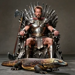 arnold schwarzenegger as king conan, directed by john millius, photorealistic, sitting on a metal throne, wearing ancient cimmerian armor, a battle axe to his side, he has a beard and graying hair, on the floor in front of him is an armored komodo dragon, cinematic photoshoot in the style of annie leibovitz, studio lighting
