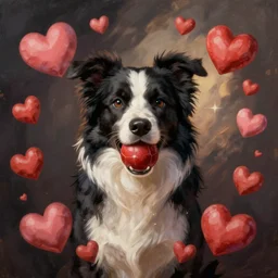 cute digital fine art painting of a border collie with ball in mouth surrounded by frame of hearts