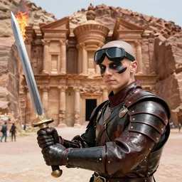 portrait : : action shot : : clearly visible face : : androgynous face : : swashbuckling albino rogue wearing ss uniform leather armor with hand on hilt : : tang dynasty sword with blowtorch flame for blade : : goggles pushed up on forehead : : facepaint : : rock - cut nabatean tombs in background : : concept art by rutkowski and alphonse mucha and barlowe