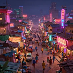 photo of a bustling neon lit ajegunle slum in nigeria, unreal engine 3 d vfx render, photo by vivian maier, illustration style by mike winkelmann, digital illustration, sharp, intricate detail, volumetric light, ray tracing, soft light, colourful, claymation, wide angle, acrylic, cinestill 8 0 0 t,