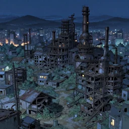 a beautiful hyperdetailed anime illustration of village abandoned unfinished building industrial architecture urbex nature city architecture by denise scott brown, tundra at night tokyo nightvision studio ghibli at dusk, archdaily, wallpaper, highly detailed, trending on artstation.