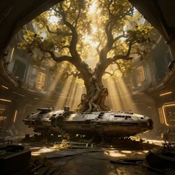 an ancient damaged spaceship in the interior of an post - apocalyptic cyberpunk courtyard an old oak tree grows inside the courtyard golden rays of sunlight enter through the window gold neon lights digital art trending artstation beautiful cinematic light