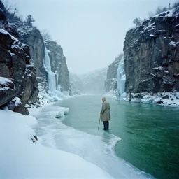 photo of green river, wyoming cliffs covered in ice and snow, during a snowstorm. a old man in a trench coat and a cane appears as a hazy silhouette in the distance, looking back over his shoulder. cold color temperature. blue hour morning light, snow storm. hazy atmosphere. humidity haze. kodak ektachrome, greenish expired film, award winning, low contrast.