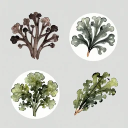 bladder wrack and dulse seaweed, decorative design against a grey background, done in Japanese ink style