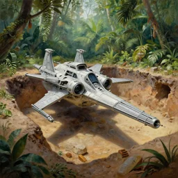 a beautiful painting of an archaeological excavation of a star destroyer in a lush jungle, ray traced lighting by kalin popov and greg rutkowski