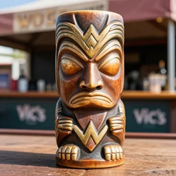 a closeup photorealistic photograph of a wonder woman style tiki mug sitting at an outdoor trader vic's bar featuring wonder woman's face. tiki theme. bright scene. fine detail. this 4 k hd image is trending on artstation, featured on behance, well - rendered, extra crisp, features intricate detail, epic composition and the style of unreal engine.