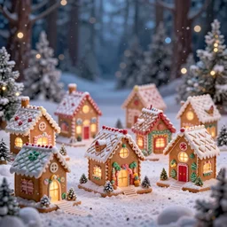 closeup of colorful miniature gingerbread house village at night, forest, christmas, snow, bokeh, depth of field 1 0 0 mm, cinematic scene, studio quality, visually stunning, unreal engine, octane render, trending on artstation, artgerm, cgsociety