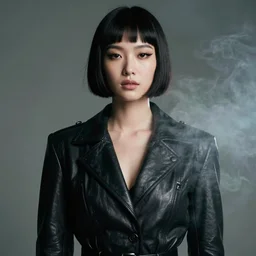 moody, youthful asian blade runner demure, 8 5 mm, exquisite features, feminine cut, pris mascara, 1 9 8 0's frontiers in flight leather suit, roger deakins, smoke, grain, misty, id magazine photoshoot