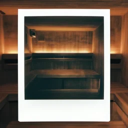 misty infinite sauna, liminal space, eery ambiance, polaroid photo