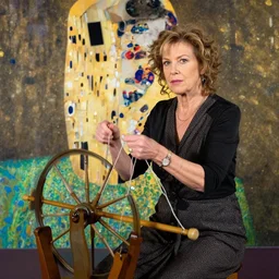 A 50 year old woman who looks like Barbara Streisand is spinning yarn on a spinning wheel, by Gustav Klimt