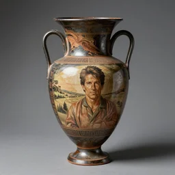 a beautiful, ancient, iron made greek amphora container, museum item, with drawings of tom cruise